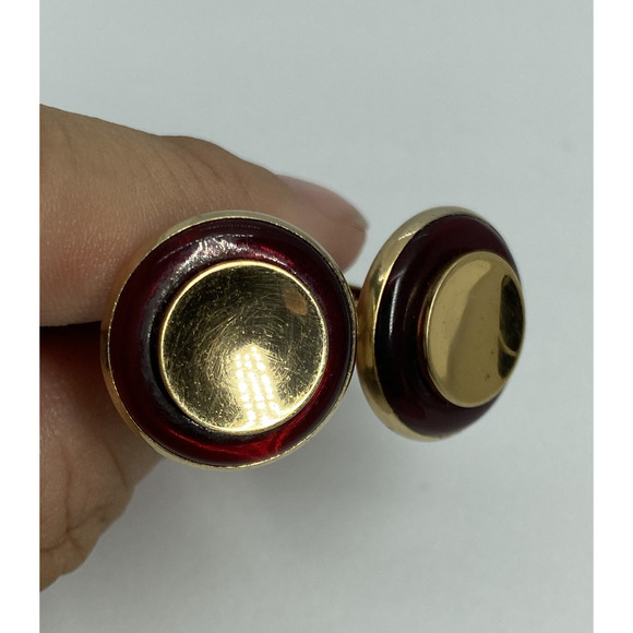 Vintage Krementz Gold Tone Red Enamel Circle Cufflinks Classic Mens Jewelry Gift - Picture 7 of 10